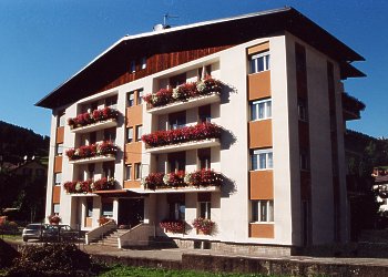 Privati a Moena. La casa si trova in posizione tranquilla, vicino all'antico quartiere di Turchia. La strada di accesso si trova, in estate,  in  una bella zona di orti privati. L'appartamento grande al primo piano ha tre balconi fioriti sui diversi lati dell'edificio.  In inverno la struttura è vicino allo ski bus e possiede ampi parcheggi privati